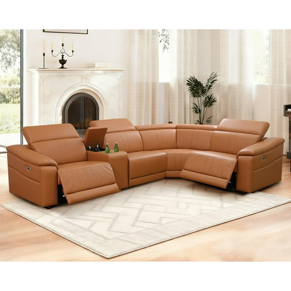 Caberryne Power Recliner Sectional Sofa for Living Room, Power Leather Corner Sectional Couch with Dual Recliners, L Shaped Couch with Storage Console/Cup Holders/30'' Super Wide Seat(Ginger)