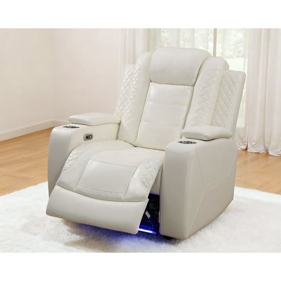 Caberryne Power Recliner Sofa with LED Lights,Suede Leather Reclining Chair with Hidden Storage/2 Cup Holders,Living Room Furniture Set with Single Recliner Seat for House(Cream)