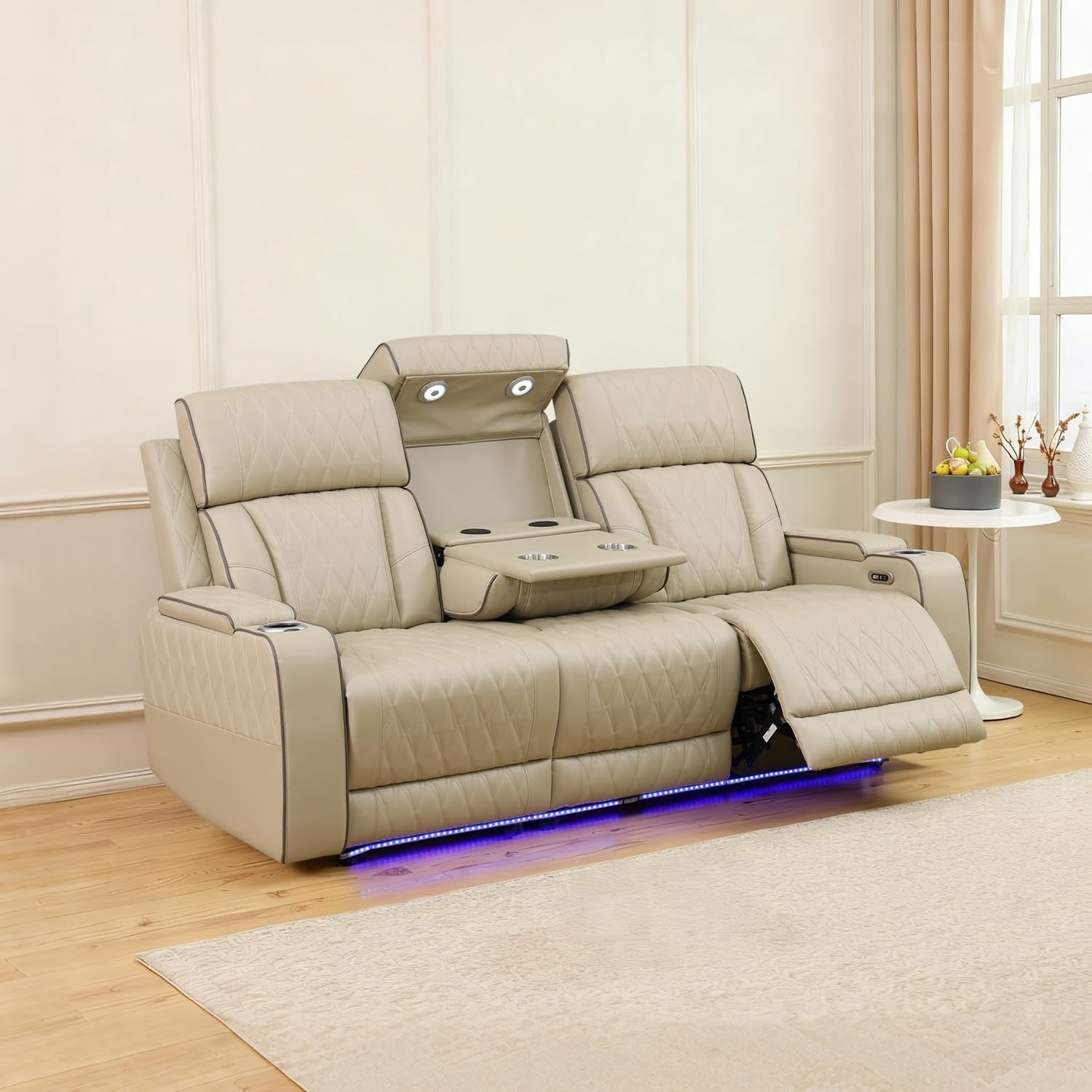 Caberryne Power Recliner Sofa with LED Lights,Suede Leather Reclining ...