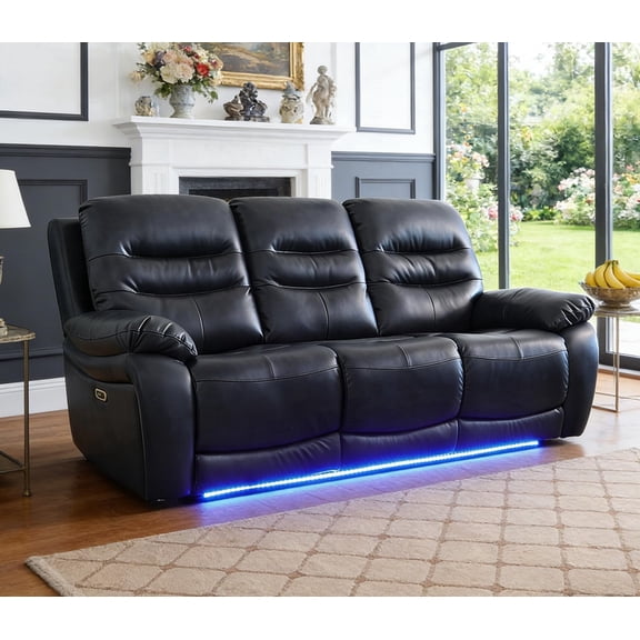 Caberryne Power Recliner Sofa Set with LED Lights,Black Living Room Furniture Set, 3 Seater Leather Reclining Couch with Segmented Backrest and Wide Armrests for House/Office/Apartment(3 Seat)