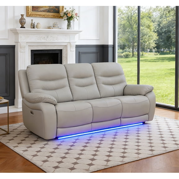 Caberryne Power Recliner Sofa Set with LED Lights,Gray Living Room Furniture Set, 3 Seater Leather Reclining Couch with Segmented Backrest and Wide Armrests for House/Office/Apartment(3 Seat)