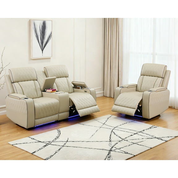 Caberryne Power Recliner Sofa Set with LED Lights,Suede Leather Reclining Loveseat and Chair with Storage/Cup Holder,2-Piece Living Room Furniture Set with 3 Recliner Seats for House(Beige)