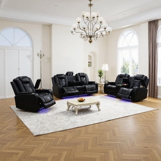Caberryne Power Recliner Sofa Set with LED Lights,Suede Leather Reclining Sofa with Coffee Table/Storage/Cup Holder,3-Piece Living Room Furniture Set with 5 Recliner Seats for House(Black)