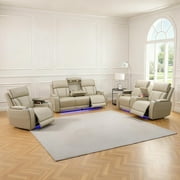 Caberryne Power Recliner Sofa Set with LED Lights,Suede Leather Reclining Sofa with Coffee Table/Storage/Cup Holder,3-Piece Living Room Furniture Set with 5 Recliner Seats for HouseBeige