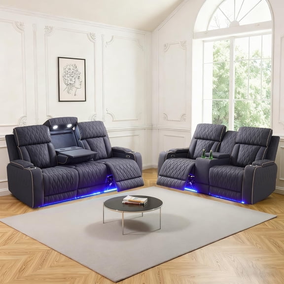 Caberryne Power Recliner Sofa Set with LED Lights,Suede Leather Reclining Sofa and Loveseat with Coffee Table/Storage/Cup Holder,2-Piece Living Room Furniture Set with 4 Recliners for House(Navy)