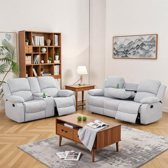Caberryne Recliner Couch Set with 4 Recliners for Living Room Furniture Sets,Fabric Reclining Sofa and Loveseat with Cup Holders/Hidden Table for Living Room/Lounge(2 Pieces,Gray)