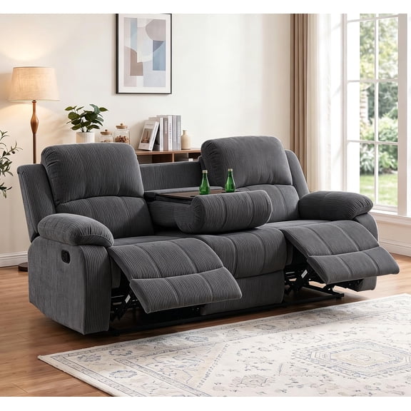 Caberryne Recliner Sofa with 2 Recliners for Living Room Furniture Sets,Corduroy Reclining Couch with Cup Holders/Hidden Table for Living Room/Lounge(3 Seater Sofa,Dark Gray)