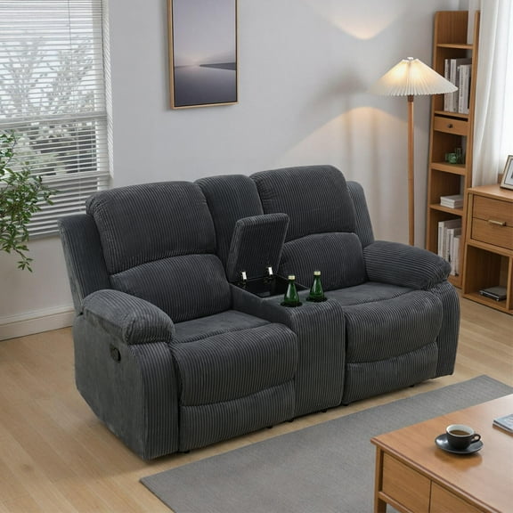 Caberryne Recliner Sofa with 2 Recliners for Living Room Furniture Sets，Corduroy Reclining Loveseat with Cup Holders/Hidden Table for Living Room/Lounge(2 Seater Loveseat,Dark Gray)