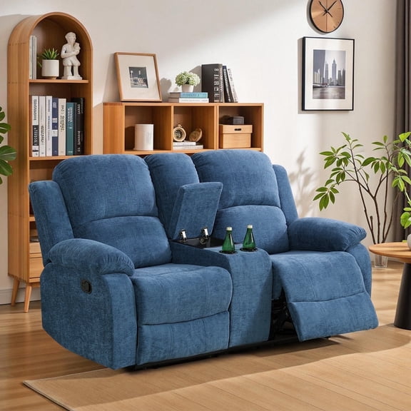 Caberryne Recliner Sofa with 2 Recliners for Living Room Furniture Sets，Fabirc Reclining Loveseat with Cup Holders/Hidden Table for Living Room/Lounge(2 Seater Loveseat,Blue)