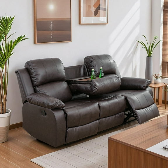 Caberryne Recliner Sofa with Double Recliners for Living Room Furniture Sets,Leather Reclining Couch with Cup Holders/Hidden Table for Living Room/Office/Theater Seating(3 Seater Sofa,Brown)