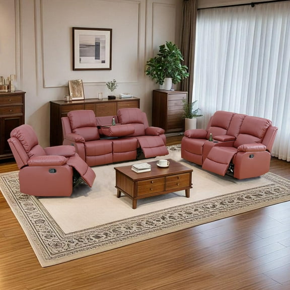 Caberryne Recliner Sofa Set with 5 Recliners for Living Room Furniture Sets，Leather Reclining Couch Set with Cup Holders/Hidden Table for Living Room/Office/Theater Seating(3 Pieces,Red)