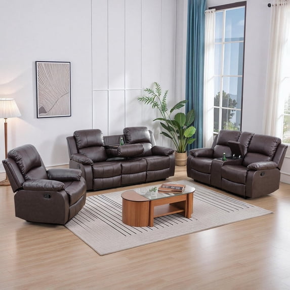 Caberryne Recliner Sofa Set with 5 Recliners for Living Room Furniture Sets,Leather Reclining Couch Set with Cup Holders/Hidden Table for Living Room/Office/Theater Seating(3 Pieces,Brown)