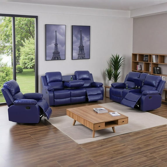 Caberryne Recliner Sofa Set with 5 Recliners for Living Room Furniture Sets,Leather Reclining Couch Set with Cup Holders/Hidden Table for Living Room/Office/Theater Seating(3 Pieces,Purple)