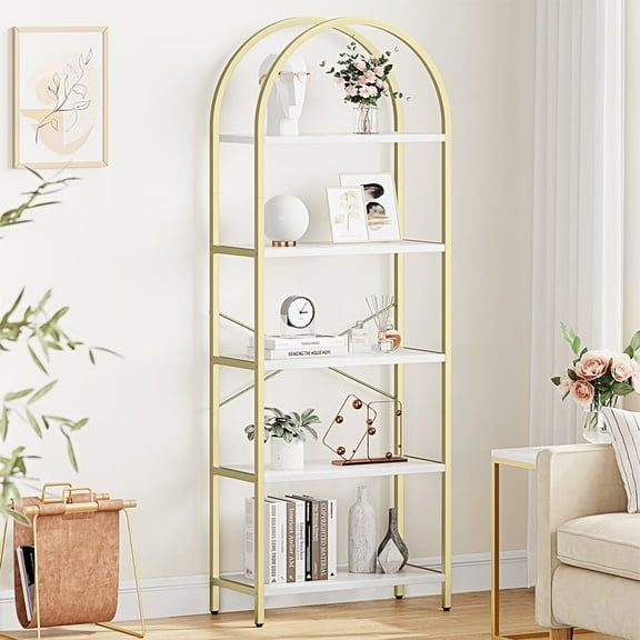 Cabihome Arched Bookshelf, 5 Tier Modern Display Racks Tall Standing Bookshelves for Home Office, White/Gold