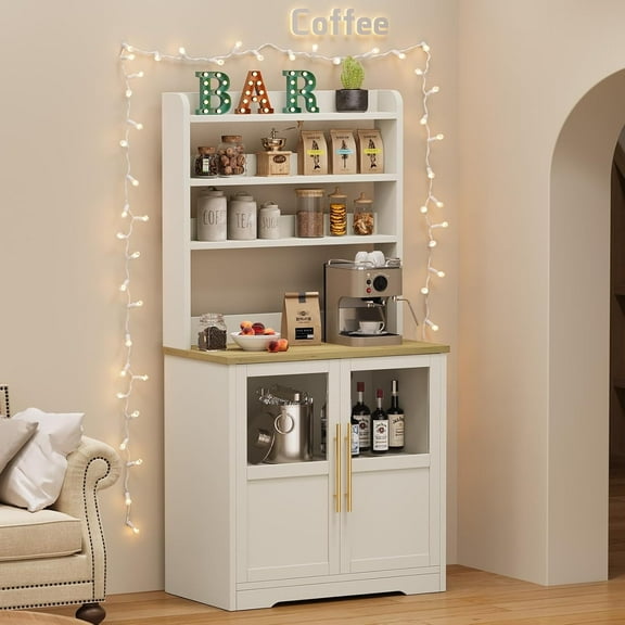 Cabihome Bakers Rack, Farmhouse Microwave Stand with Storage Cabinet and Power Outlets, for Kitchen,Dining Room White