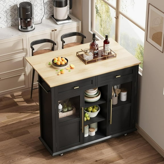 Cabihome Foldable Kitchen Island Cart, Mobile Storage Cart with Wheels, 2 Glass Doors, Spice Rack & Towel Holder for Kitchen Black