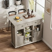 Cabihome Foldable Kitchen Island Cart, Mobile Storage Cart with Wheels, 2 Glass Doors, Spice Rack & Towel Holder for Kitchen, Dining Room Gray