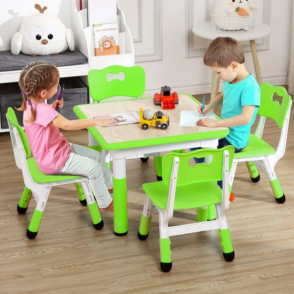 Cabihome Kids Table Chairs Set, Height Adjustable Activity Table and Chair Set for Toddlers Ages 2-10, for Classrooms/Daycares/Bedroom-Green 5-Piece