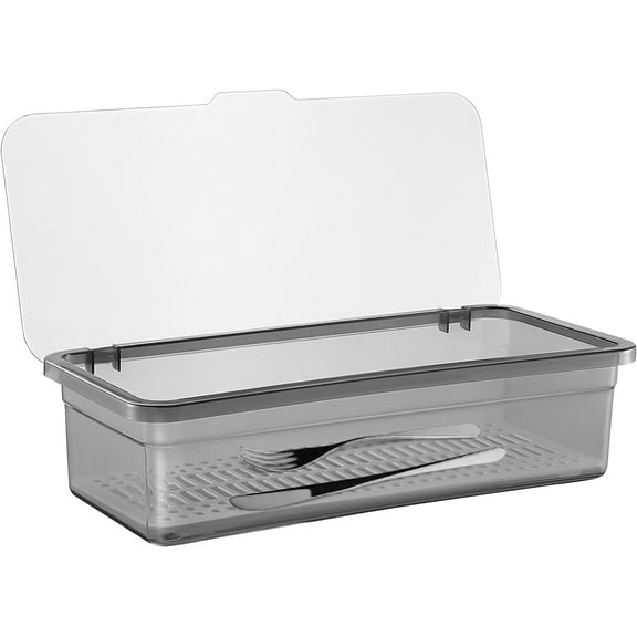 Cabilock Flatware Tray with Lid, Kitchen Cutlery Tray and Utensil Drawer Organizer, Silverware Countertop Storage Container with Cover 10 * 2.8 * 3.9 inches