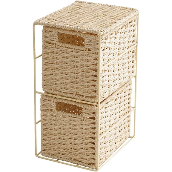 Cabilock Rattan Double Layer Basket Wicker basket 3 Drawer Plastic Storage 2 Tier Organizer Baskets Woven Sliding Basket Plastic Drawers for Clothes Pantry Pvc Imitation Rattan Egg to Weave