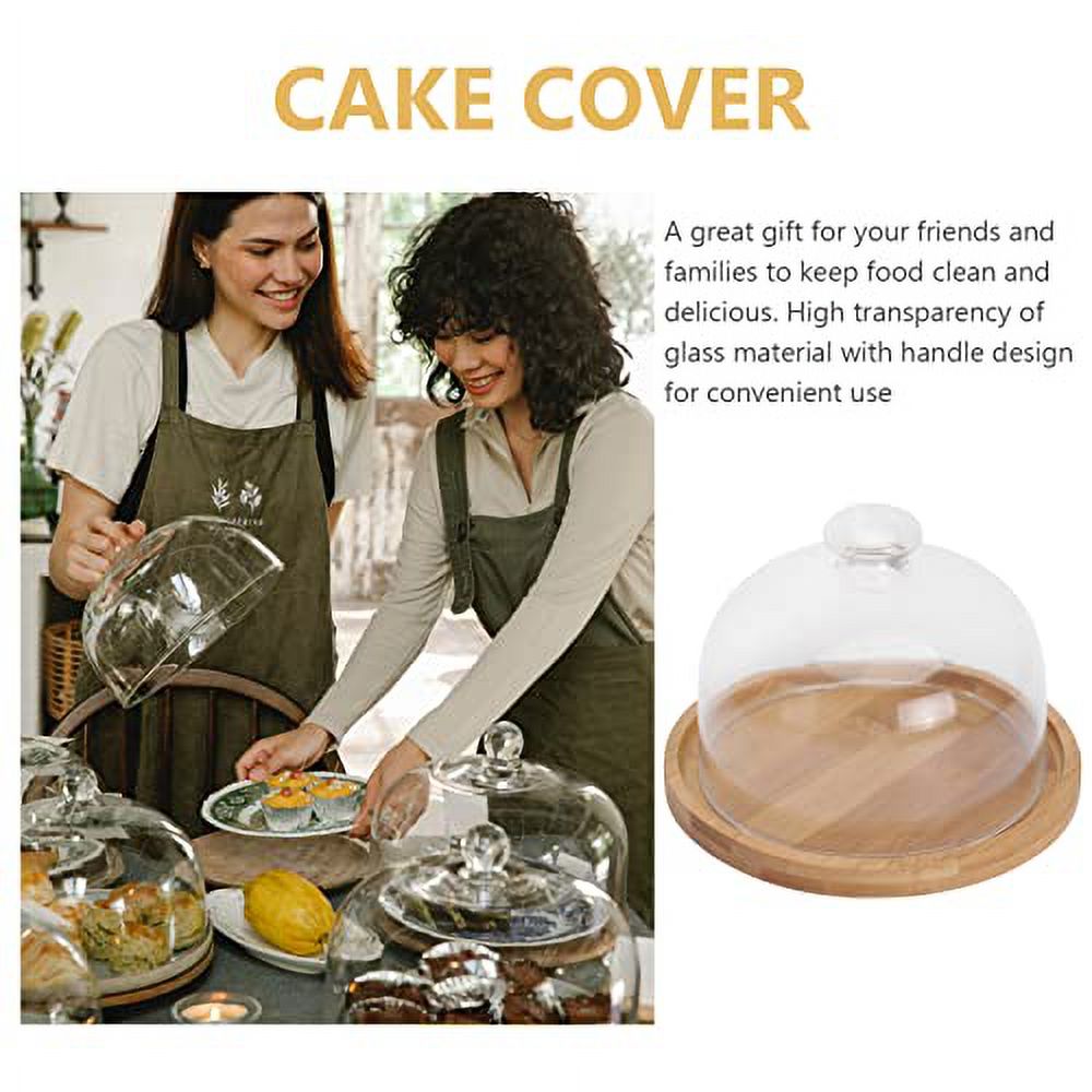 Cabilock Wood Cake Tray with Glass Dome Round Clear Cloche Dome Cake