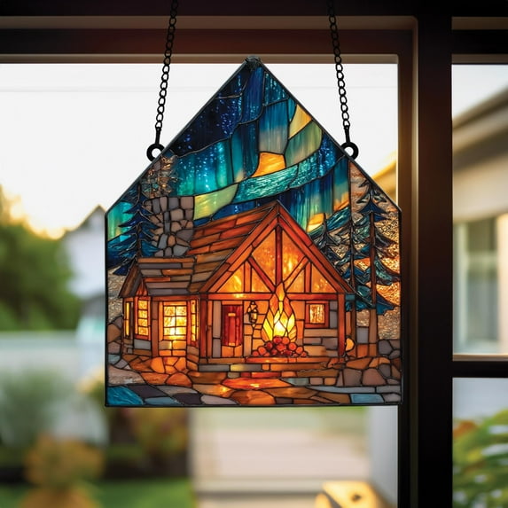 Cabin ACRYLIC Suncatcher - Faux Stained Glass Window Hanging with Fireplace, Northern Lights & Fox - Rustic Winter Home Gift