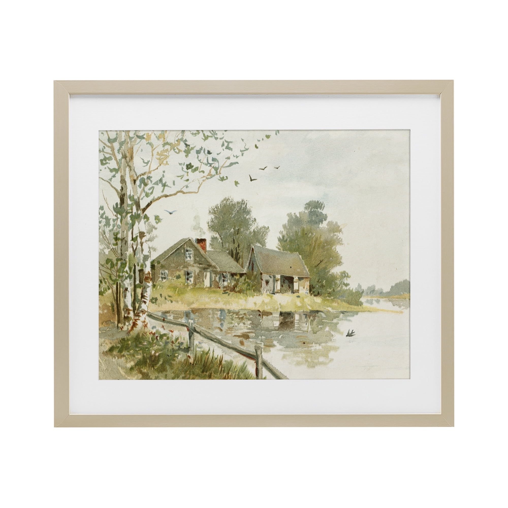 Cabin Along River's Edge Birch Framed Print Under Glass, design by Lettered and Lined