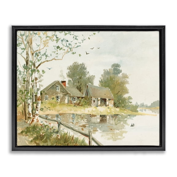 Cabin Along River's Edge Black Framed Floater Canvas Wall Art, design by Lettered and Lined