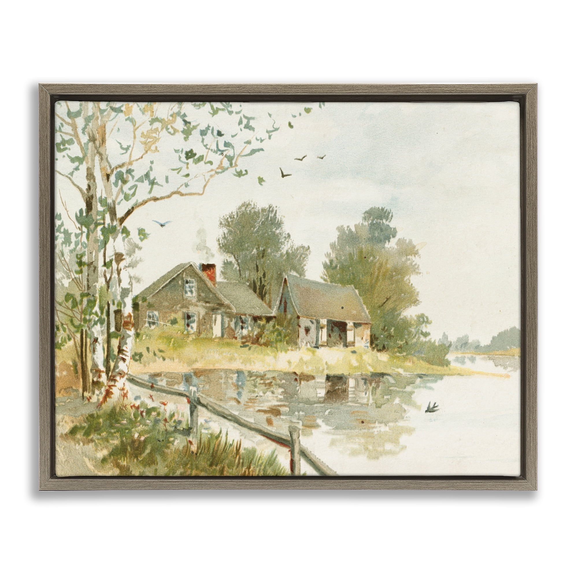 Cabin Along River's Edge Brown Framed Floater Canvas Wall Art, design by Lettered and Lined