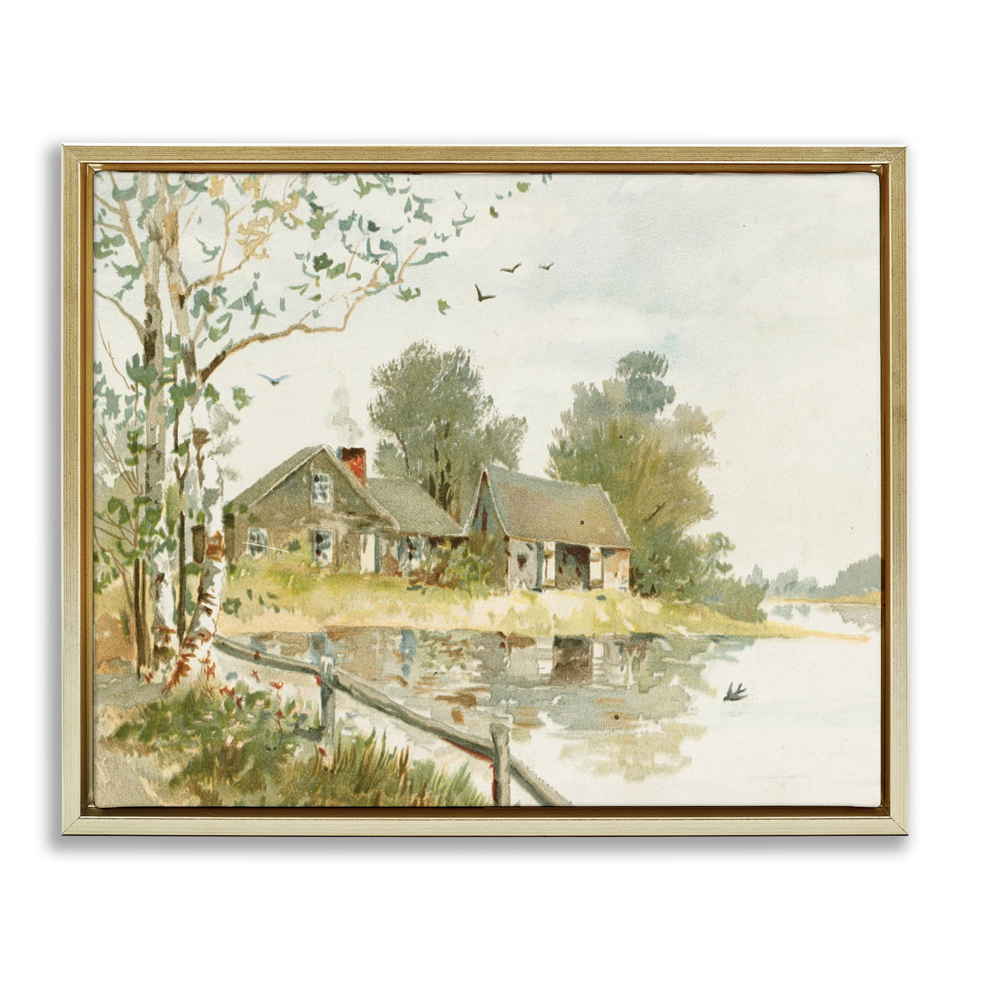Cabin Along River's Edge Gold Framed Floater Canvas Wall Art, design by Lettered and Lined