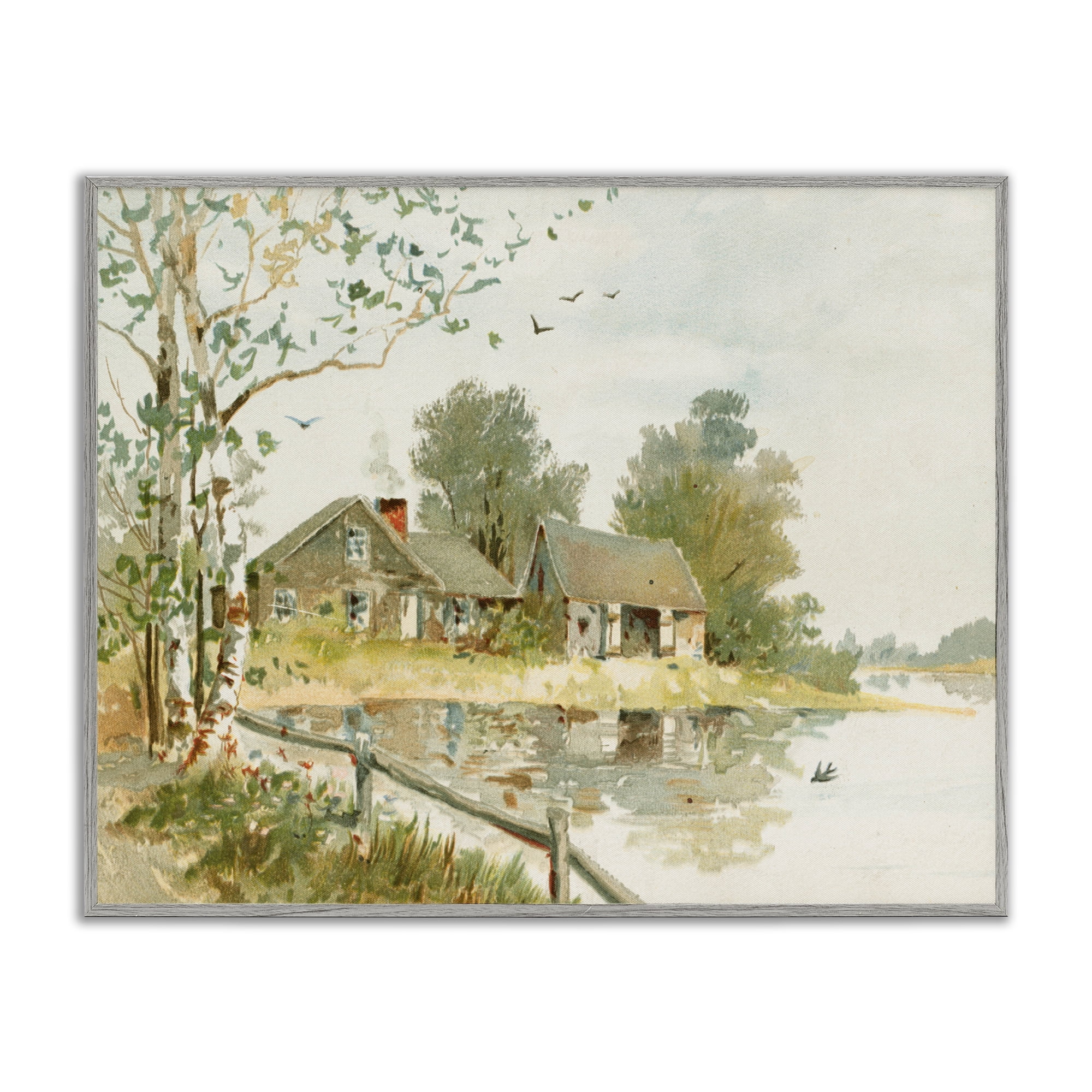 Cabin Along River's Edge Gray Framed Giclee Art, design by Lettered and Lined