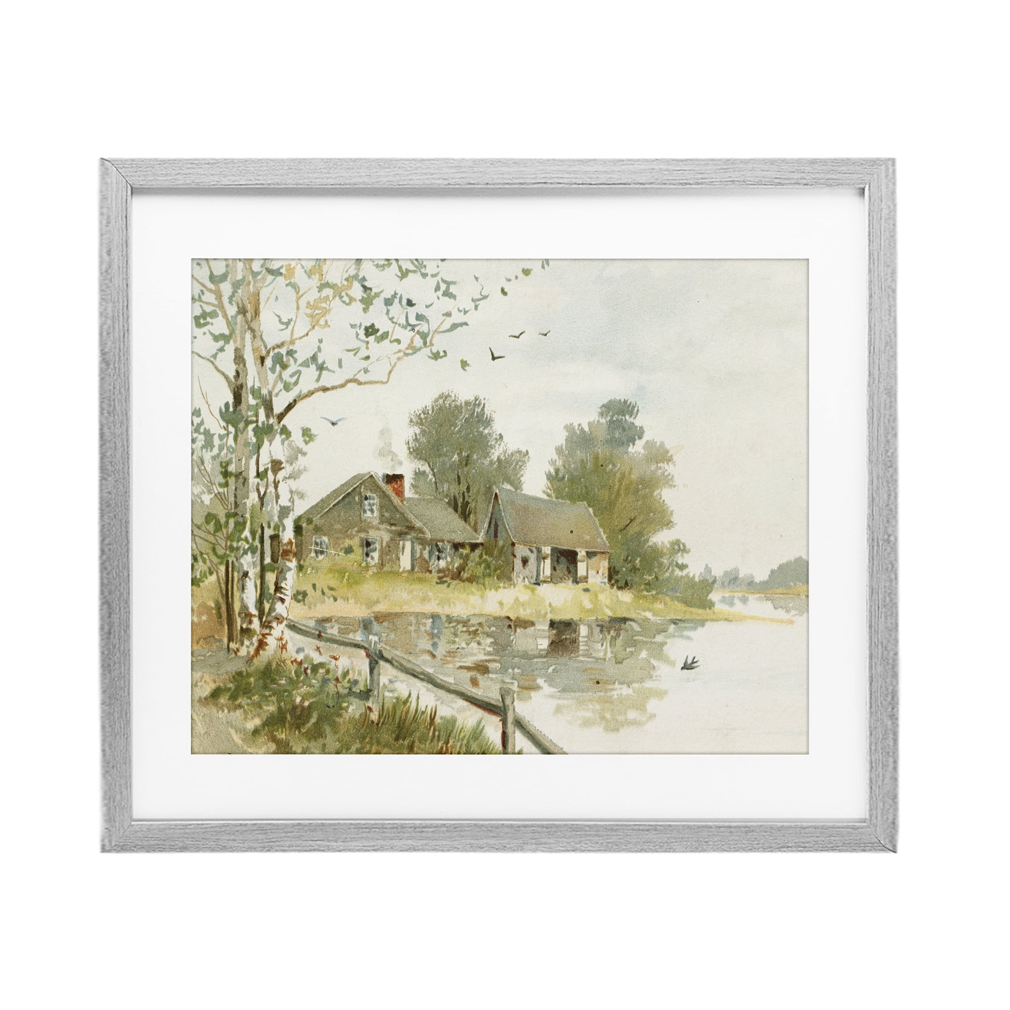 Cabin Along River's Edge Gray Framed Print Under Glass, design by Lettered and Lined