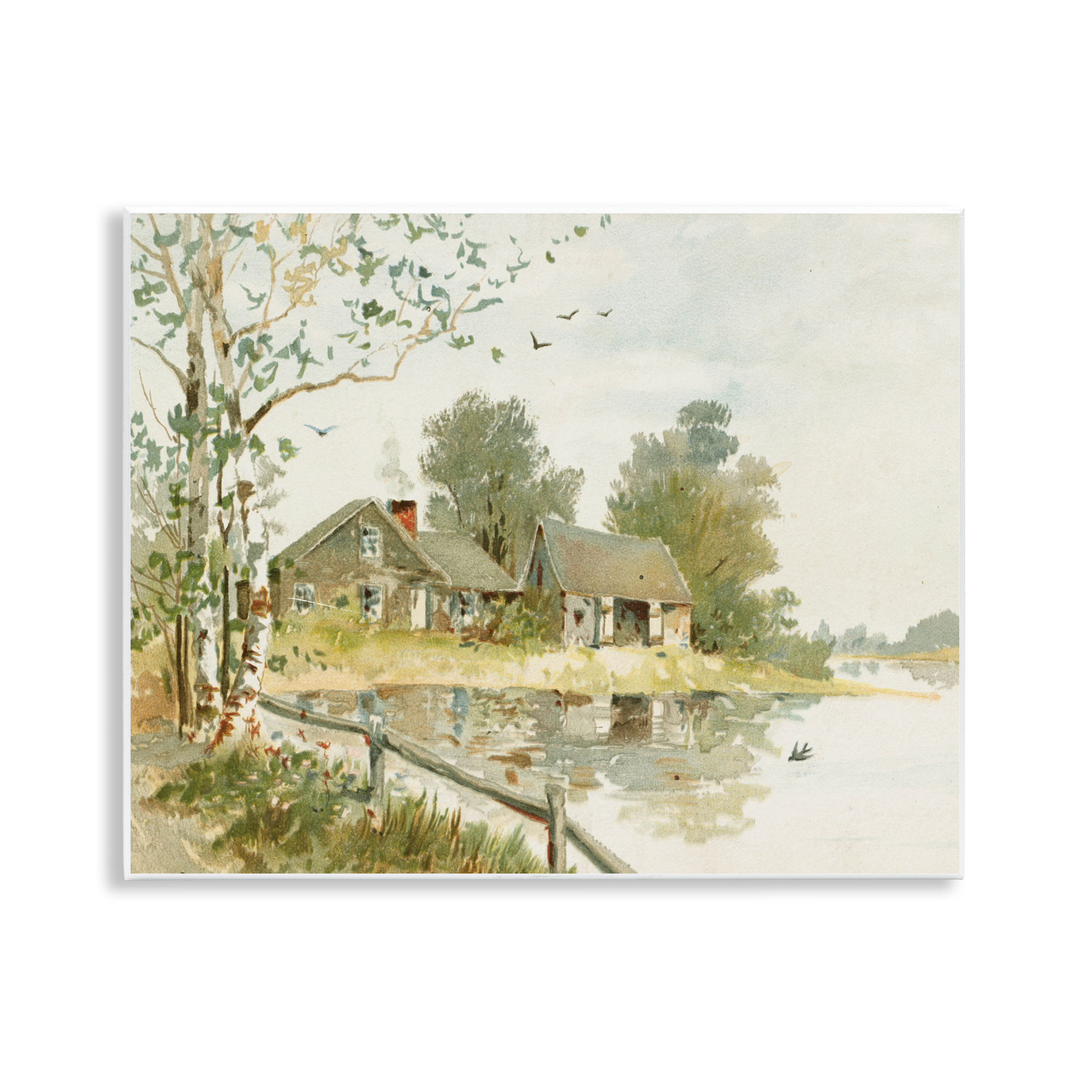 Cabin Along River's Edge Wall Plaque Art, design by Lettered and Lined