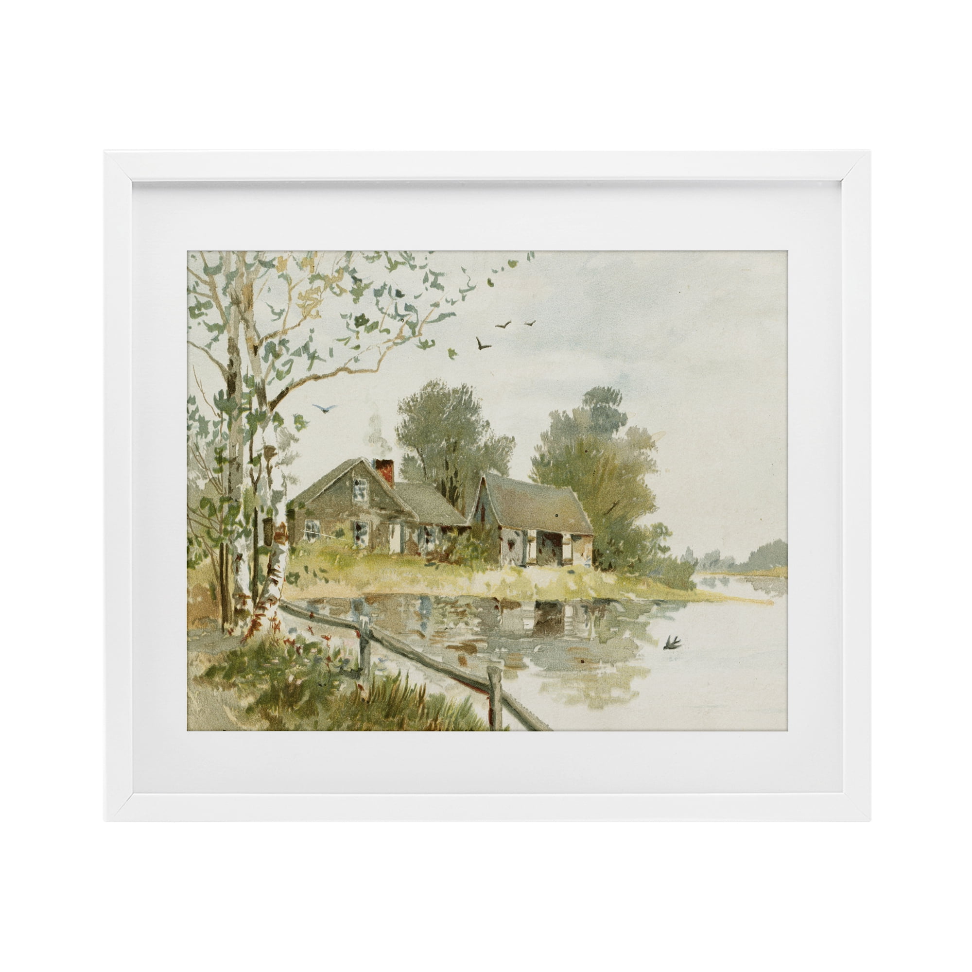 Cabin Along River's Edge White Framed Print Under Glass, design by Lettered and Lined