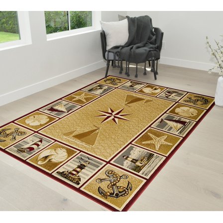 Cabin Area Rug - Modern Geometric Design Cabin Area Rug - Abstract, Beige/Multicolor Design- Lighthouse/Anker/Fishing Boat