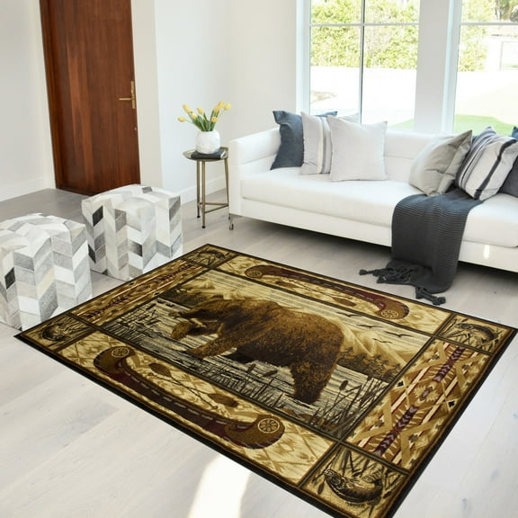 Cabin Area Rug - Modern Geometric South-western Design Cabin Area Rug - Abstract, Beige/Multicolor Design- Bear Hunting Fish/Kayak