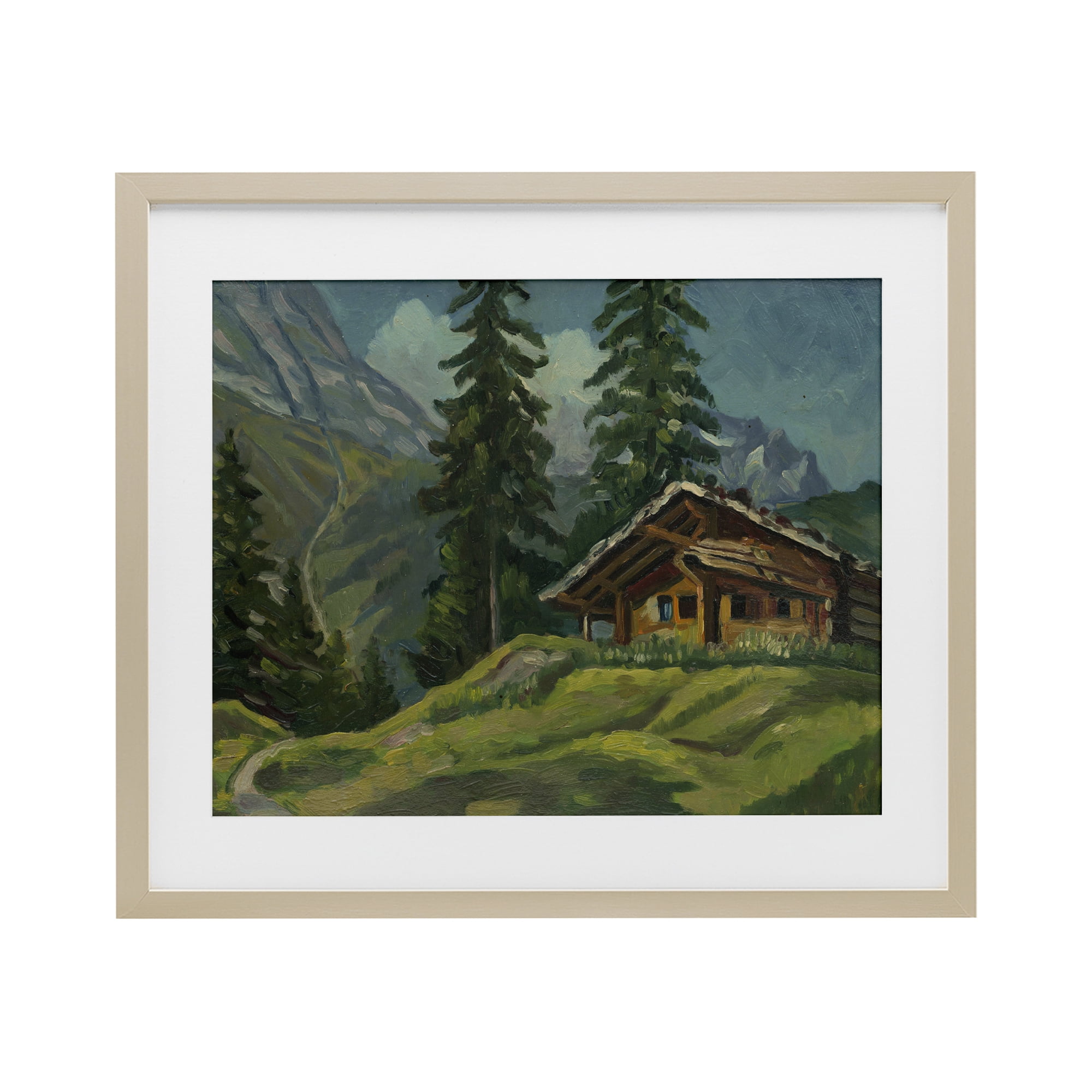 Cabin At Base Of Mountain Birch Framed Print Under Glass, design by Lettered and Lined