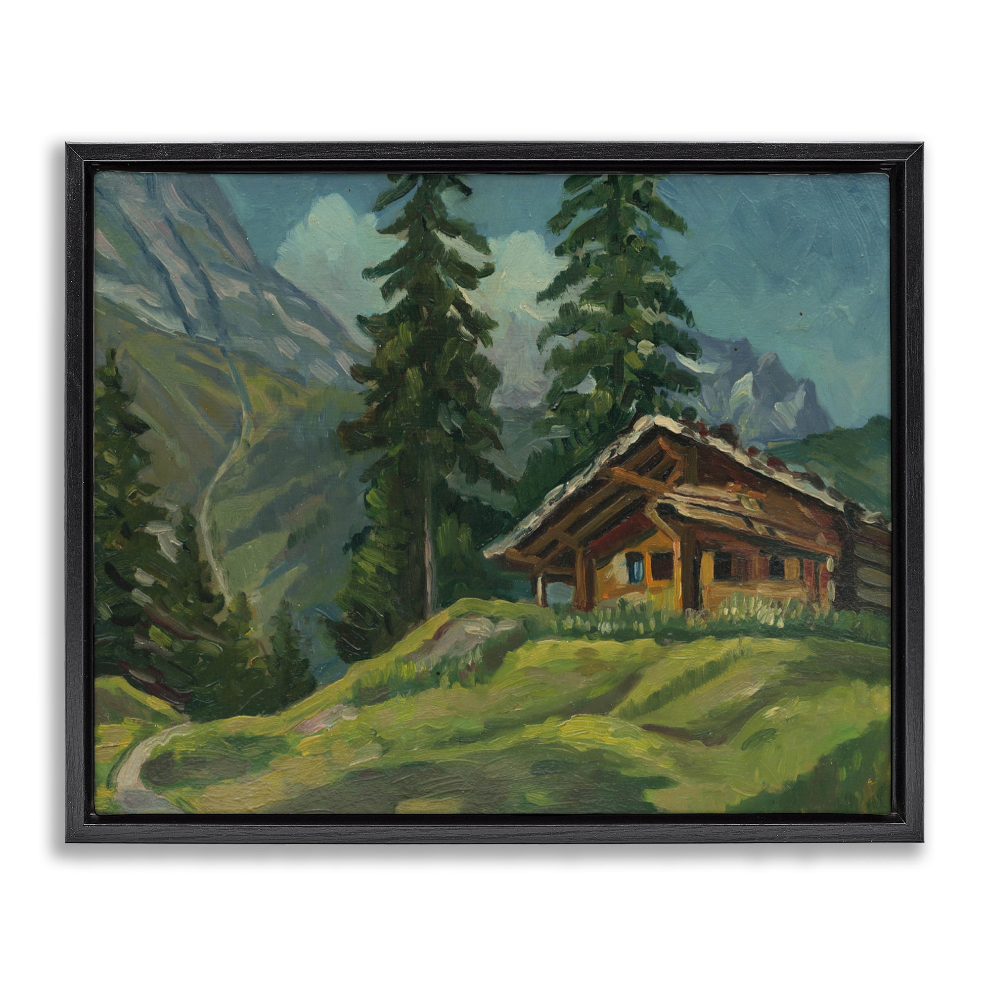 Cabin At Base Of Mountain Black Framed Floater Canvas Wall Art, design by Lettered and Lined