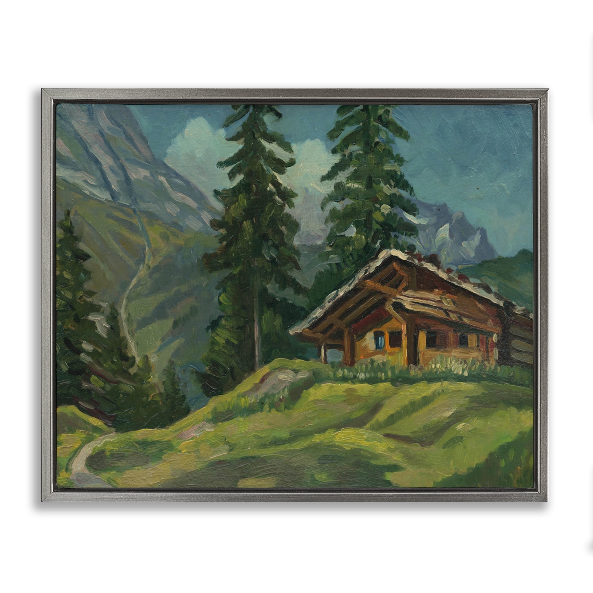 Cabin At Base Of Mountain Gray Framed Floater Canvas Wall Art, design by Lettered and Lined