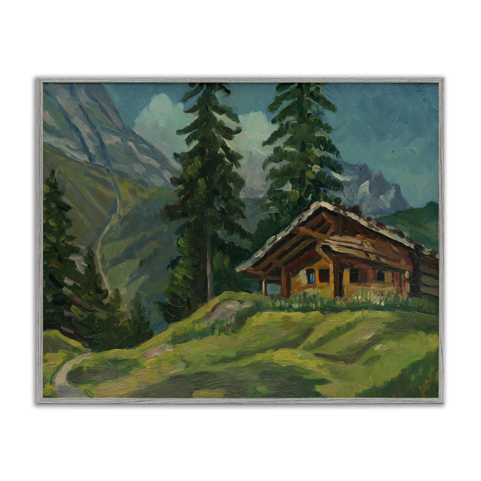 Cabin At Base Of Mountain Gray Framed Giclee Art, design by Lettered and Lined