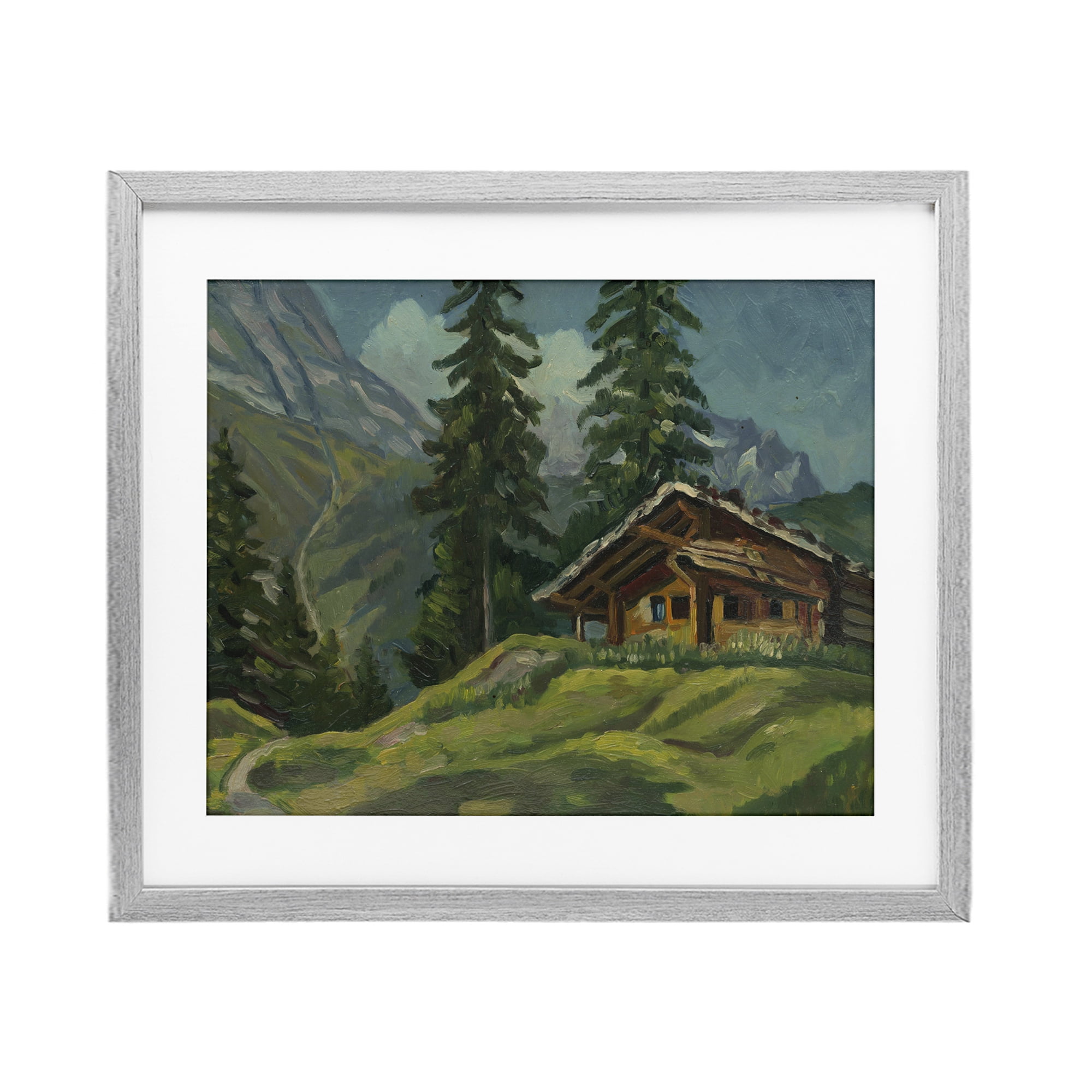Cabin At Base Of Mountain Gray Framed Print Under Glass, design by Lettered and Lined