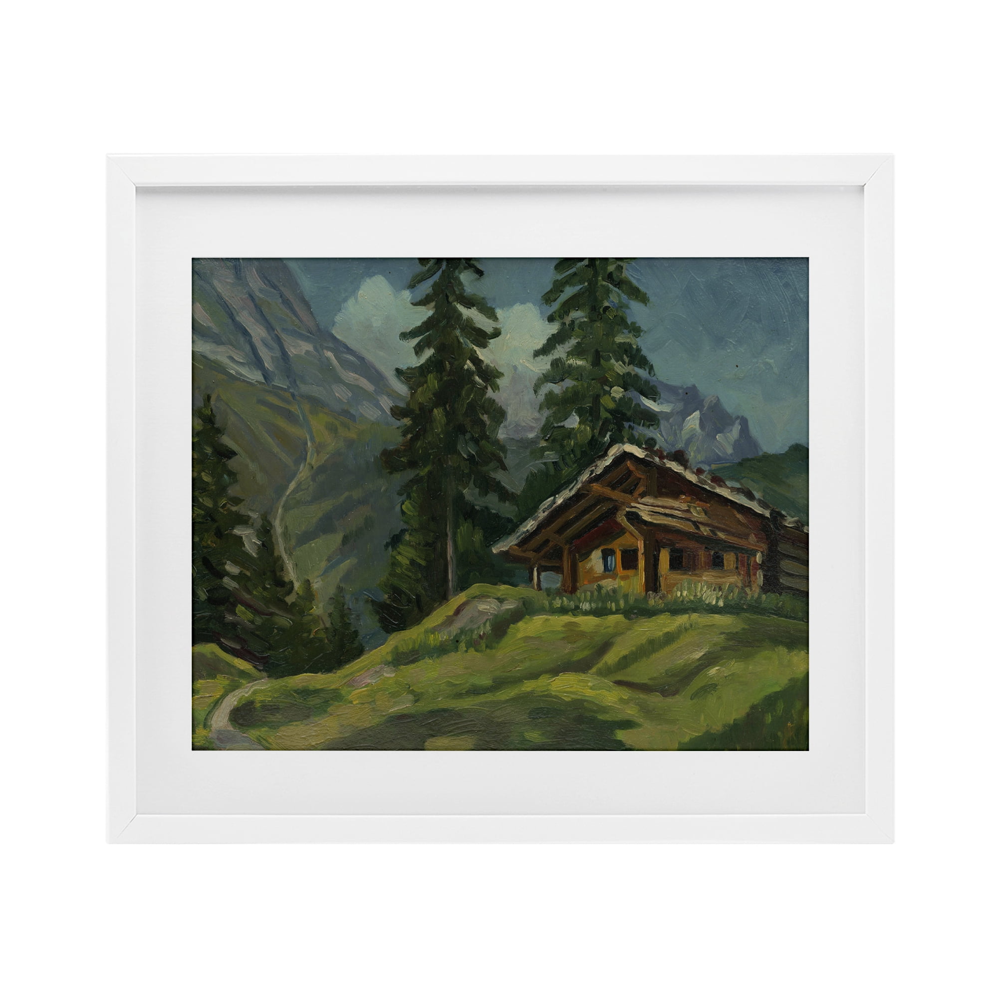Cabin At Base Of Mountain White Framed Print Under Glass, design by Lettered and Lined