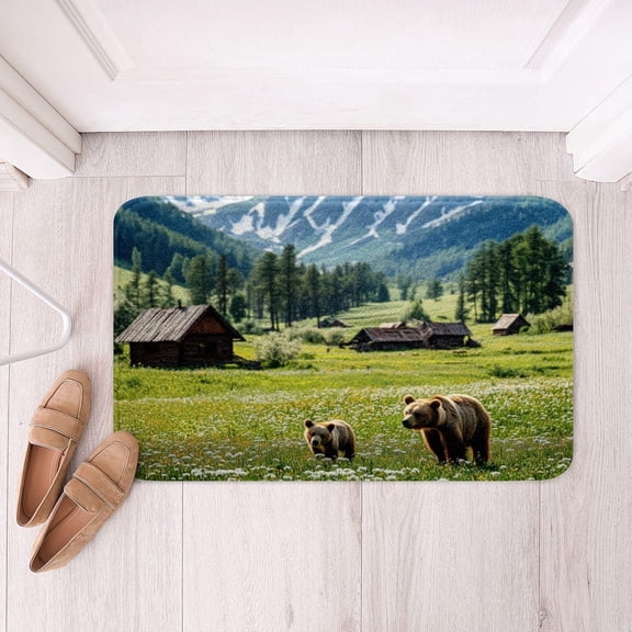 Cabin Bathroom Rug 16" x 24" Meadow Flowers Landscape Bath Mat With Bear and Mountain Print