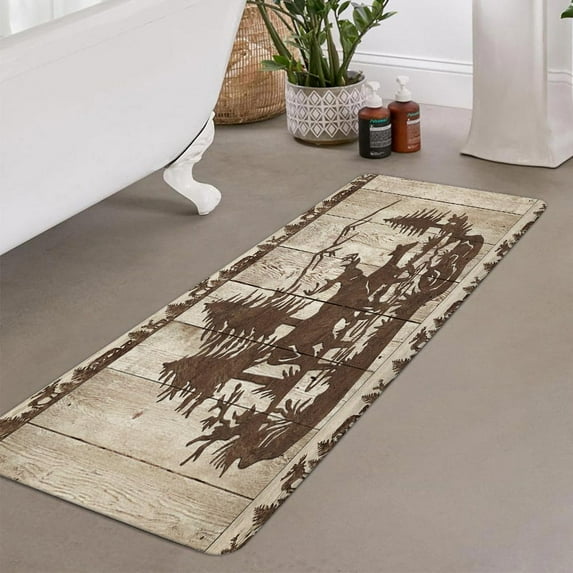 Cabin Bathroom Rugs, Forest Animal Lodge Cabin Vintage Wooden Country Farm Wildlife Bathroom Mat Deer Shower Mat Kitchen Rug, Rustic Farmhouse Bath Mat Rustic Cabin Forest Toilet Rug, 17"X48" Inches