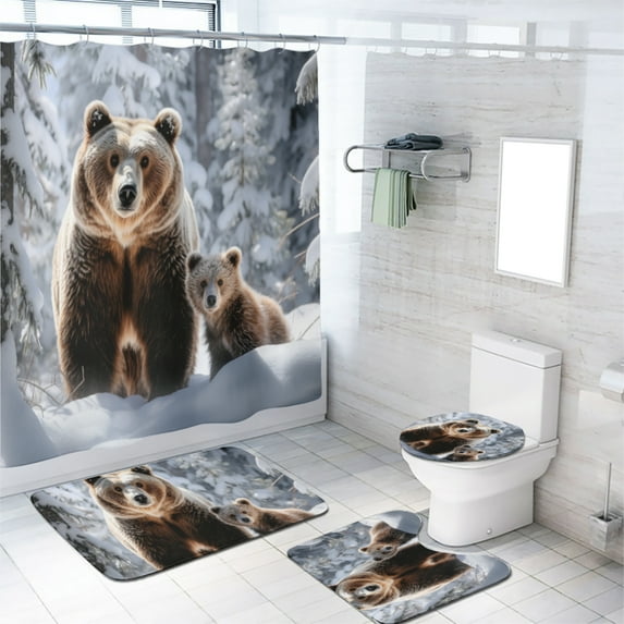 Cabin Bear 4 Pcs Bathroom Shower Curtain Set Vintage Farmhouse Winter Animal Pine Tree Camping Bathtub Bathroom Accessories Bathroom Rugs Mat Toilet Lid Cover 70.8×70.8