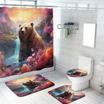 Cabin Bear 4 Piece Shower Curtain Sets Waterfall Tropical Rainforest Wildlife Flowers Jungle with Toilet Lid Cover and Bath Mat, Waterproof Shower Curtain with 12 Hooks, 72x72 Inch