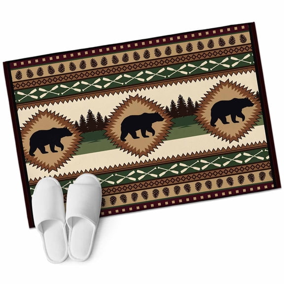 Cabin Bear Brown Bathroom Rug Washable 2x3 Entryway Rug Non Slip Lodge Ethnic Tribe Forest Green Front Door Mat Low Pile Indoor Doormat Throw Floor Carpet for Kitchen Bedroom Entrance
