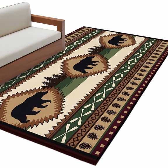 Cabin Bear Brown Kitchen Runner Rug 2.7x5 Washable Runners for Hallway Non Slip Lodge Ethnic Tribe Forest Green Large Area Rug Indoor Floor Carpet for Bathroom Laundry Entryway Bedroom Living Room