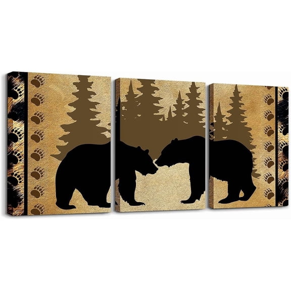 Cabin Bear Canvas Wall Art for Living Room Bedroom 12" x 16" 3 Piece Rustic Deer Picture Wall Decor Farmhouse Wolf Bathroom Wall Rust Art Wild Animal Brown Wall Painting