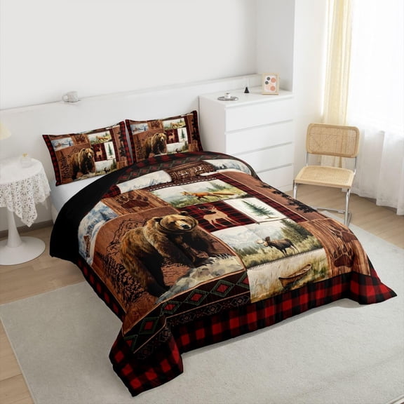 Cabin Bear Comforter Set King Size Rustic Deer Bedding Set for Boys Girls Farmhouse Wildlife Duvet Quilt Country Boho Bedroom Decor Buffalo Check Checkered Wooden with 2 Pillow Cases